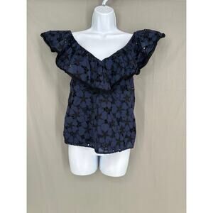 Rebecca Taylor Top 4 Blue Ruffle Floral Eyelet Ruffle Black Cottagecore Bohemian